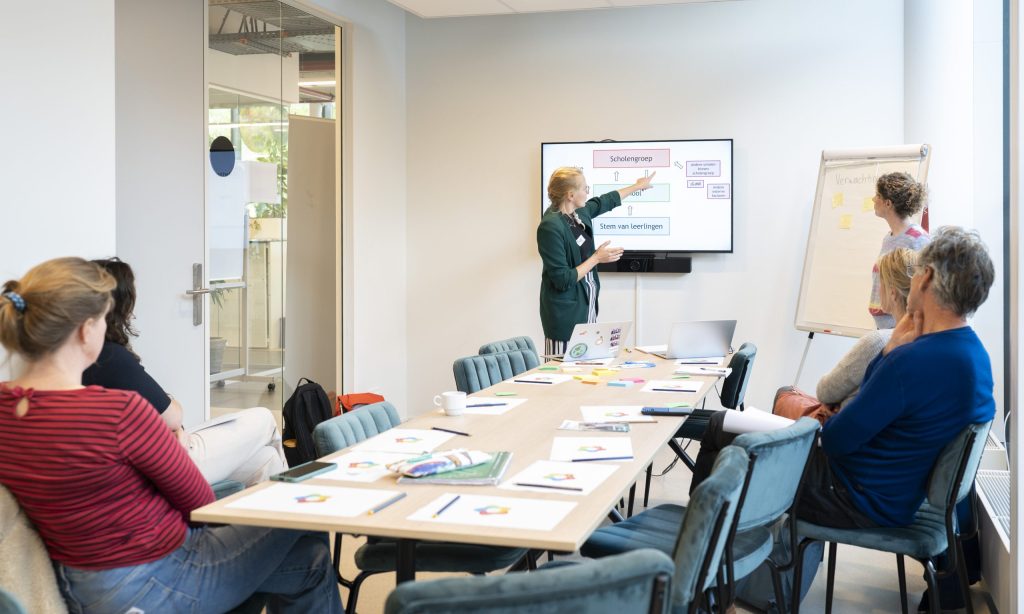 Deelnemers aan een netwerkbijeenkomst bespreken ideeën over duurzaam onderwijs in een kleine werkgroep.