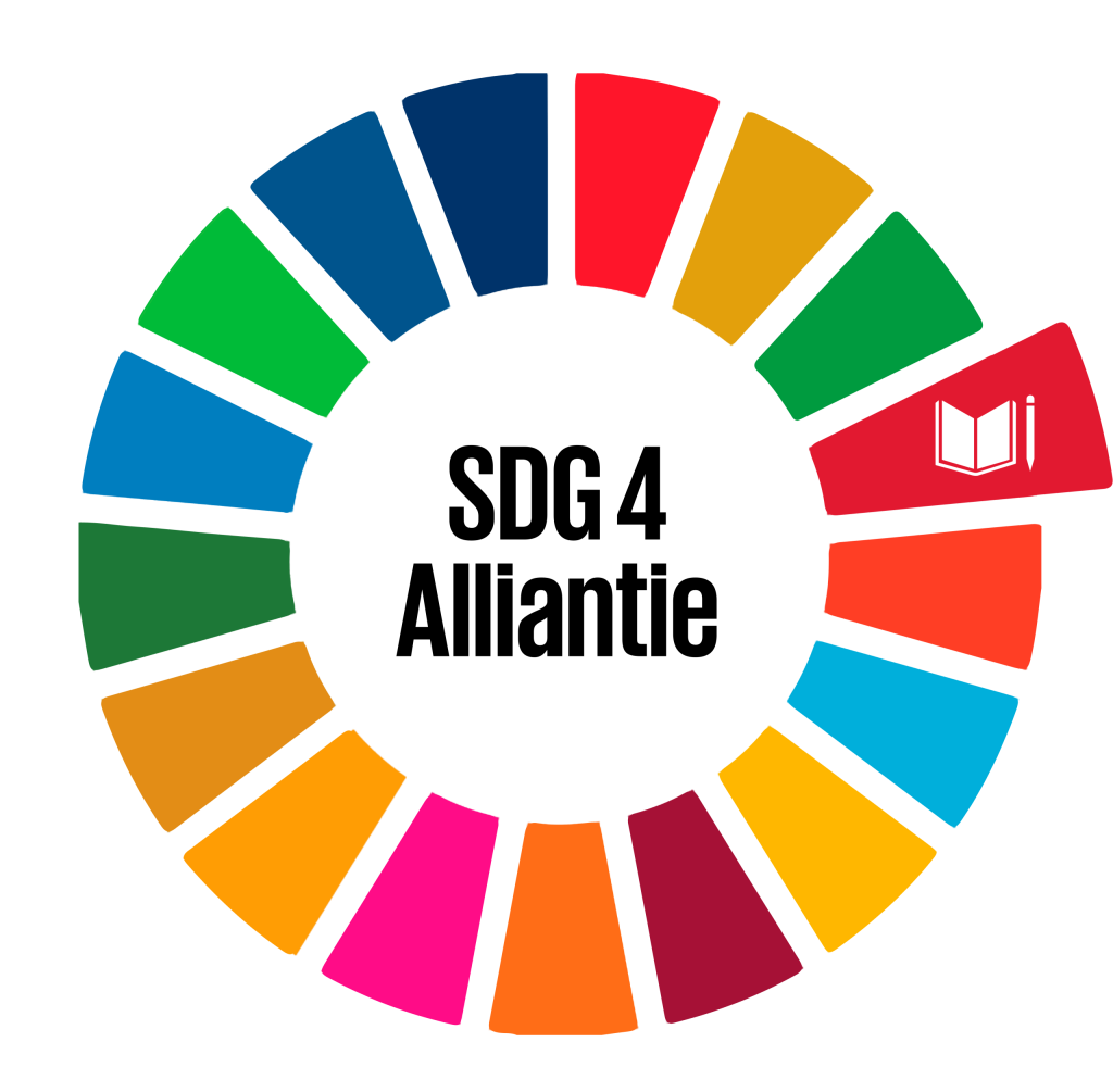 Logo van de SDG 4 alliantie, met het SDG-wiel en het icoon van kwaliteitsonderwijs uit de Duurzame Ontwikkelingsdoelen.